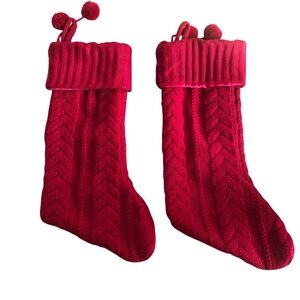 Two (2) Red Satin Lined Knit Sweater Christmas Stockings with tassels